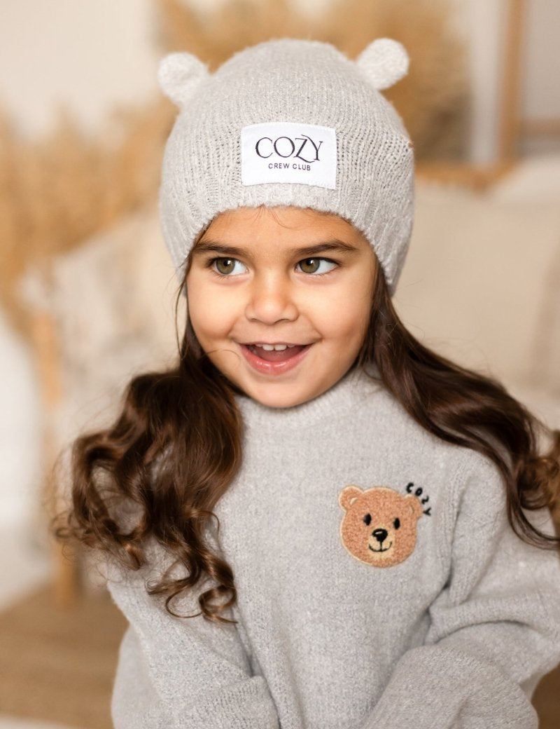 COZY Knitted Bear Beanie Hat Grey - Cozy Crew Club