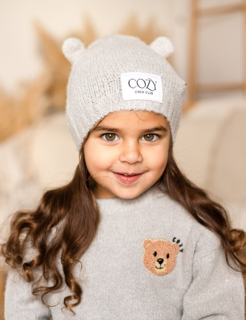 COZY Knitted Bear Beanie Hat Grey - Cozy Crew Club