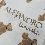Musterverkauf - Wickeltuch mit Bärenrüschen - „Alejandro Dervishi“ - Goldfaden – Faden beim „D“ etwas locker