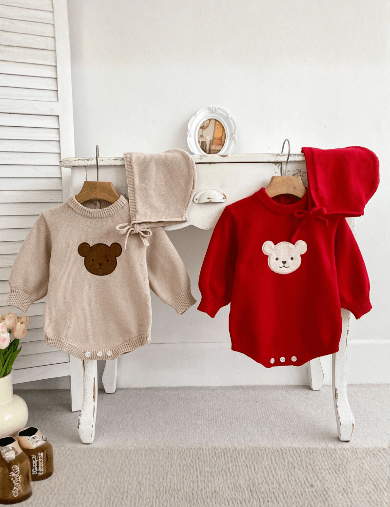 Winter Bear Knitted Bodysuit Red or Beige - Cozy Crew Club