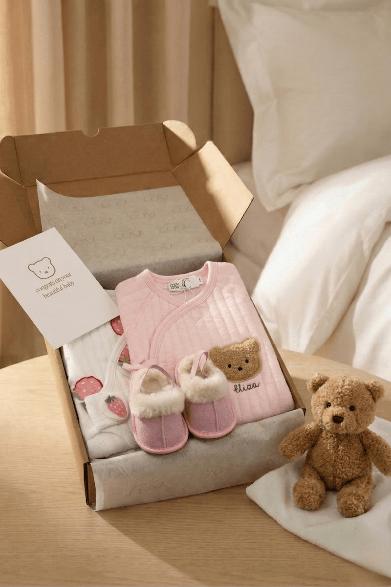The Cozy Pink Boucle Baby Bear & Strawberry Personalised Gift Box - Cozy Crew Club