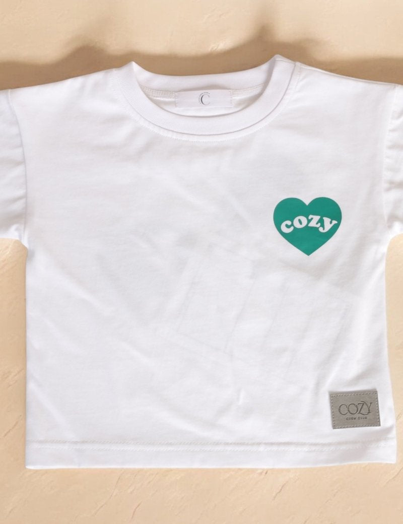Cozy Heart Club Graphic Tee - White - Green Heart - Cozy Crew Club