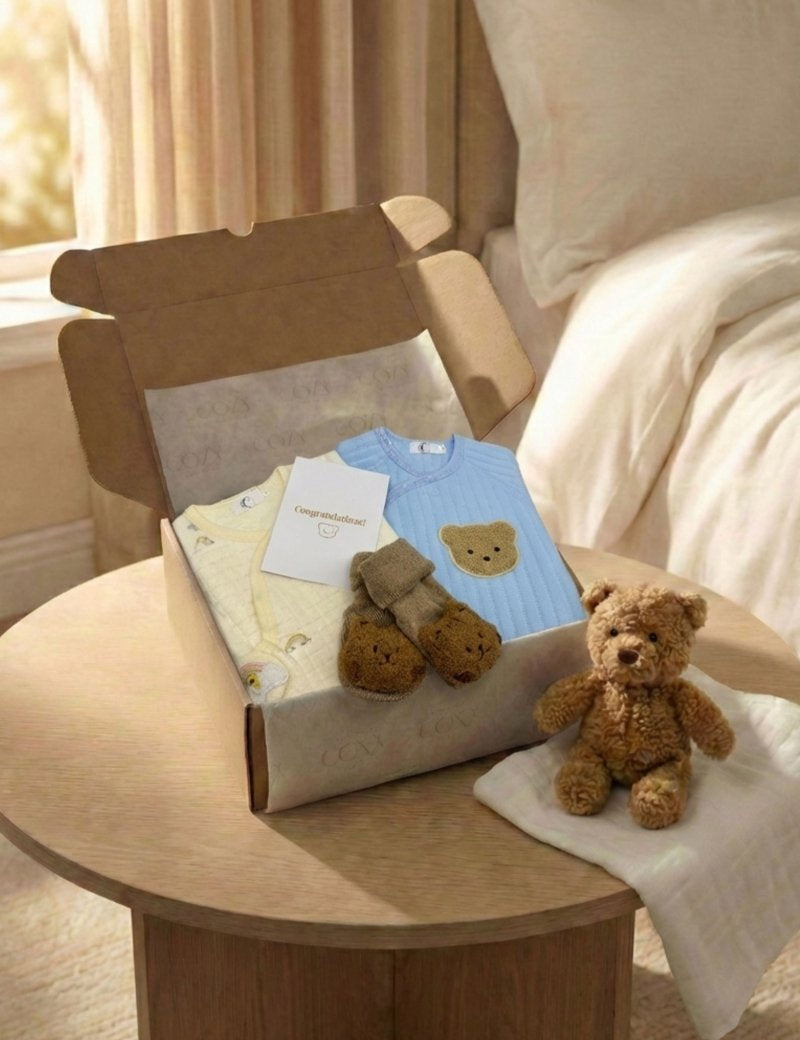 The Cozy Blue Boucle Baby Bear & Blue Rainbow Personalised Gift Box - Cozy Crew Club