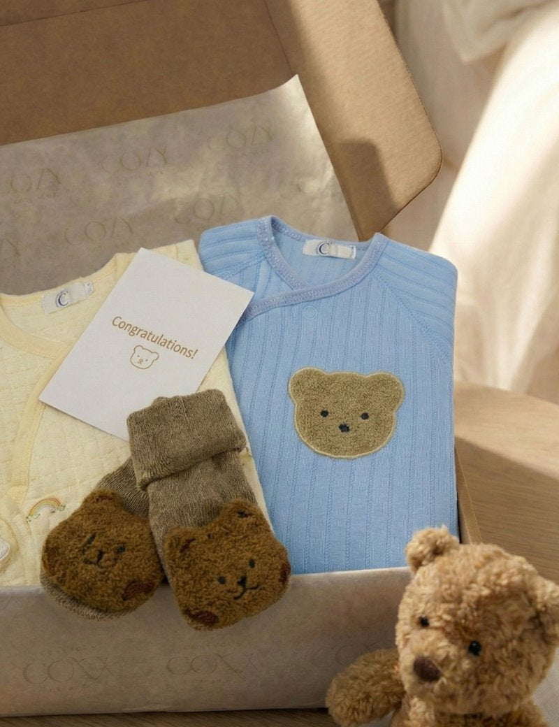 The Cozy Blue Boucle Baby Bear & Blue Rainbow Personalised Gift Box - Cozy Crew Club