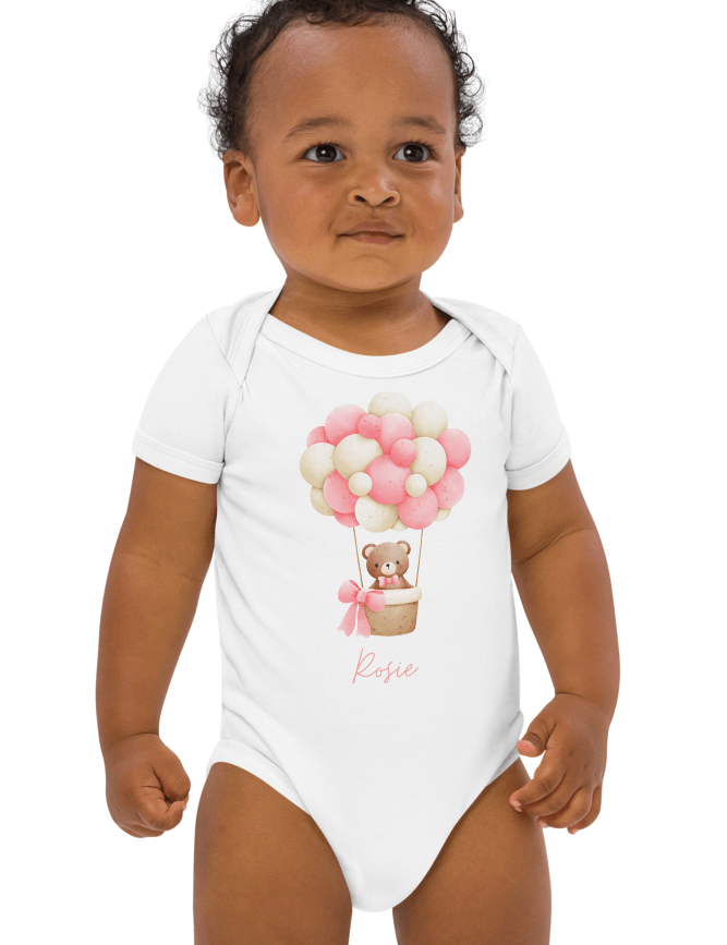 Personalised Name Bear Pink Hot Air Baloon Bodysuit - Cozy Crew Club
