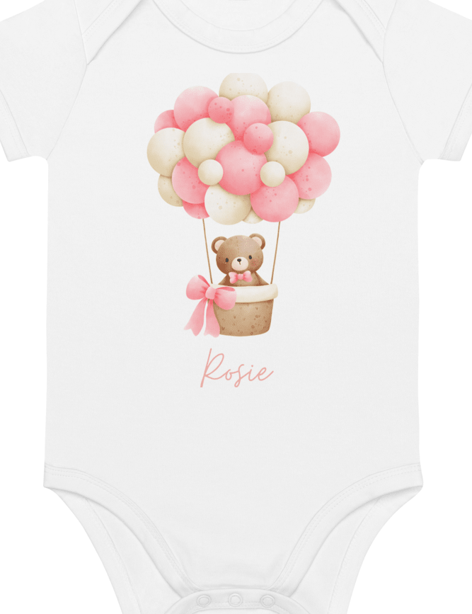 Personalised Name Bear Pink Hot Air Baloon Bodysuit - Cozy Crew Club