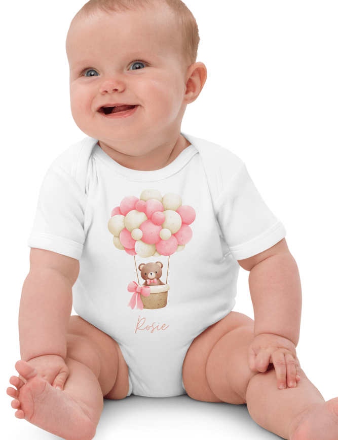 Personalised Name Bear Pink Hot Air Baloon Bodysuit - Cozy Crew Club