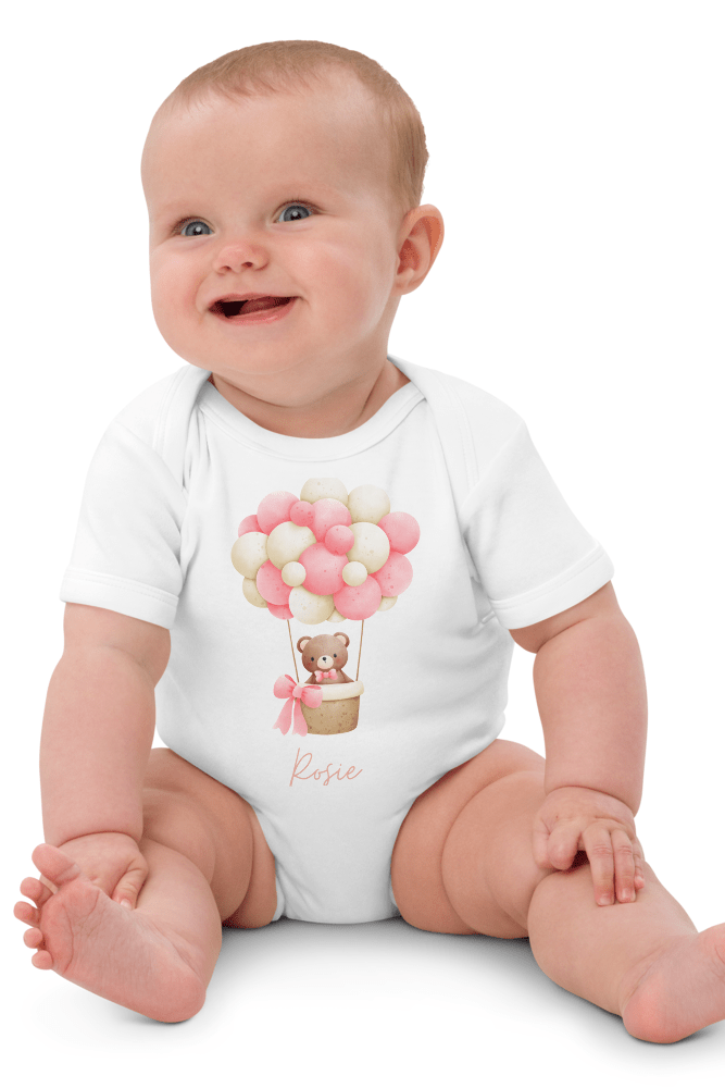 Personalised Name Bear Pink Hot Air Baloon Bodysuit - Cozy Crew Club