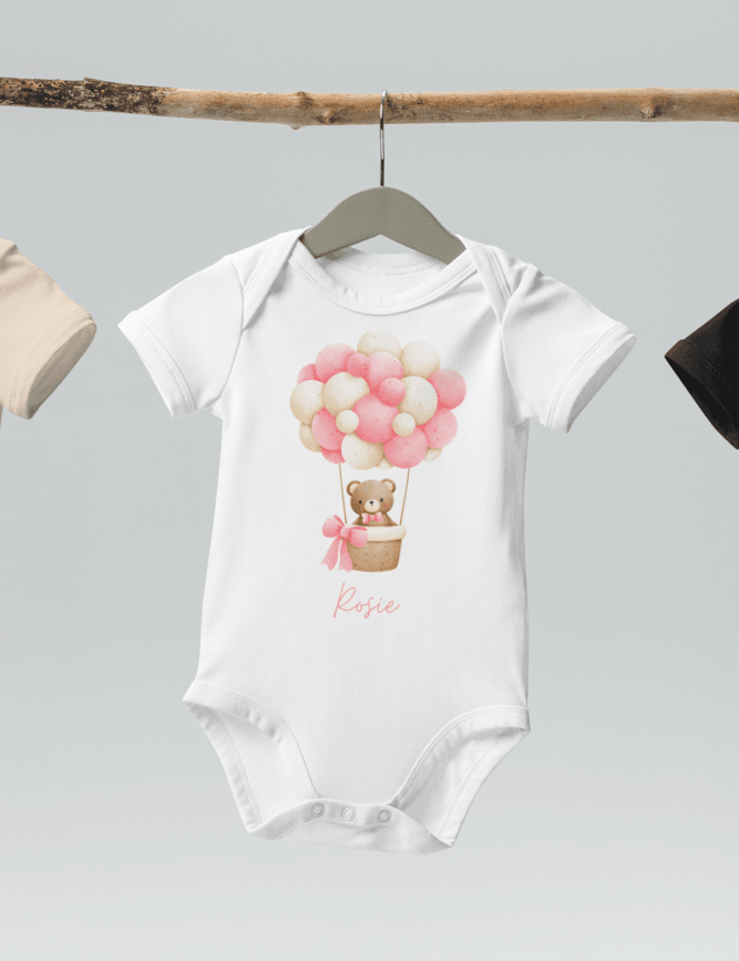 Personalised Name Bear Pink Hot Air Baloon Bodysuit - Cozy Crew Club