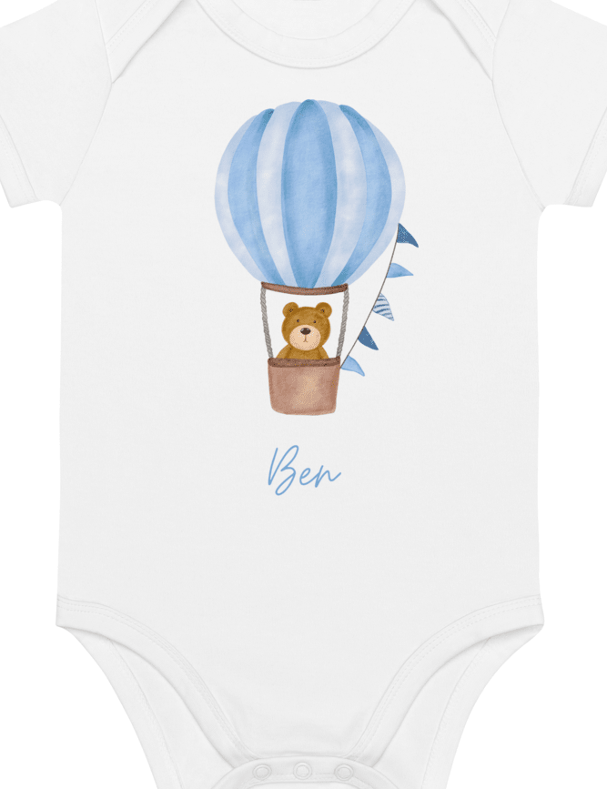 Personalised Name Bear Blue Hot Air Baloon Bodysuit - Cozy Crew Club