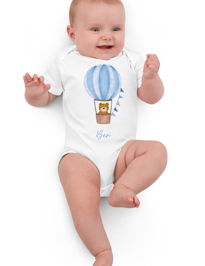 Personalised Name Bear Blue Hot Air Baloon Bodysuit - Cozy Crew Club