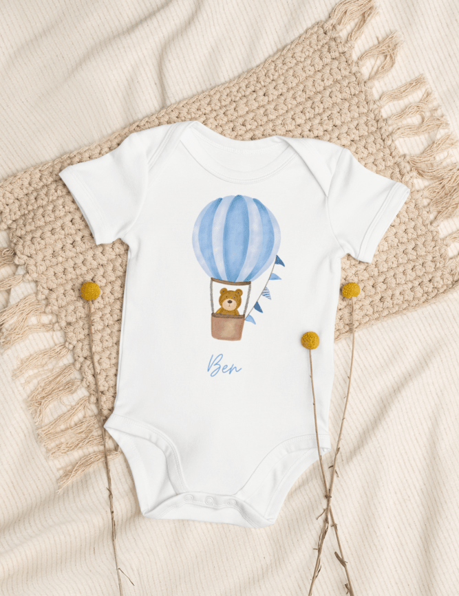 Personalised Name Bear Blue Hot Air Baloon Bodysuit - Cozy Crew Club