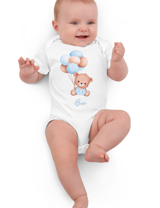 Personalised Name Bear Blue Baloon Bodysuit - Cozy Crew Club