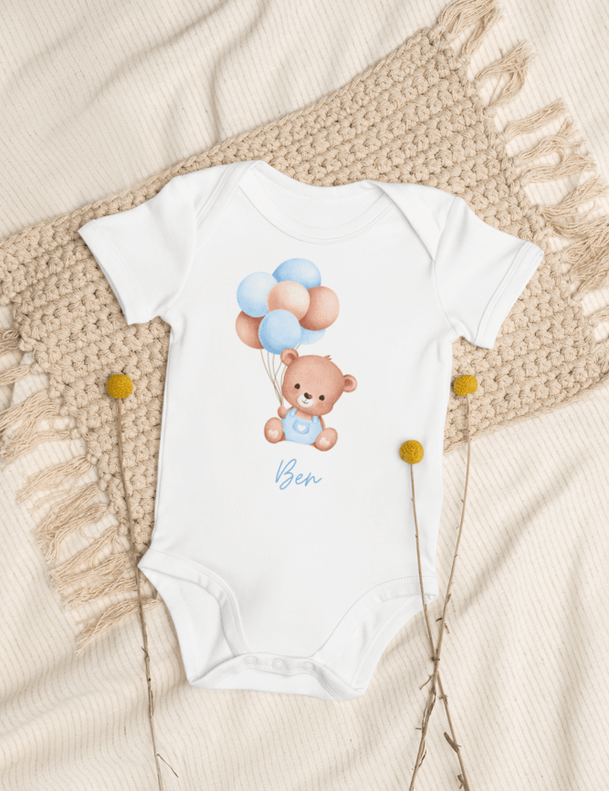 Personalised Name Bear Blue Baloon Bodysuit - Cozy Crew Club