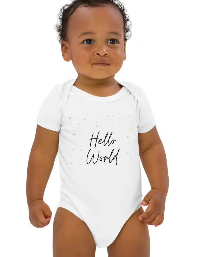 Hello World Bodysuit White 100% Cotton - Cozy Crew Club