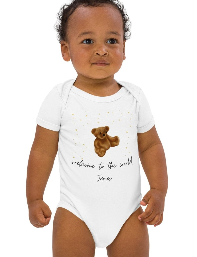 Welcome to the World (Personalised Name Bear Bodysuit) - Cozy Crew Club
