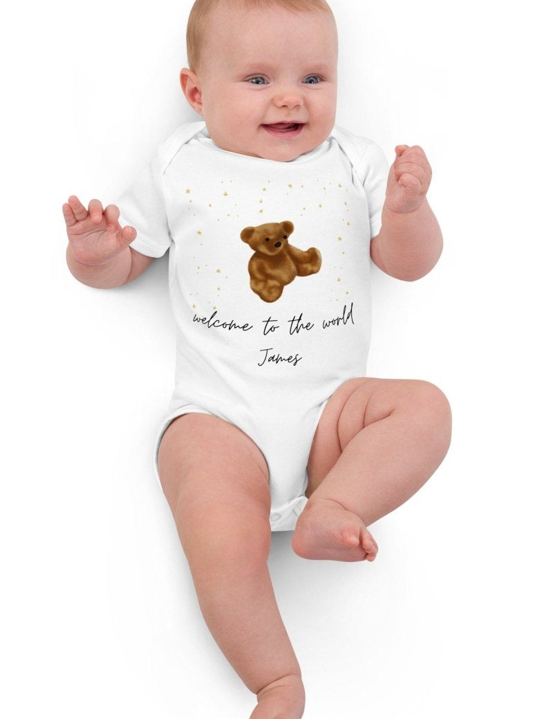Welcome to the World (Personalised Name Bear Bodysuit) - Cozy Crew Club