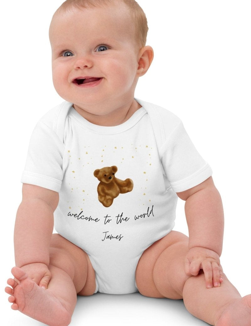 Welcome to the World (Personalised Name Bear Bodysuit) - Cozy Crew Club
