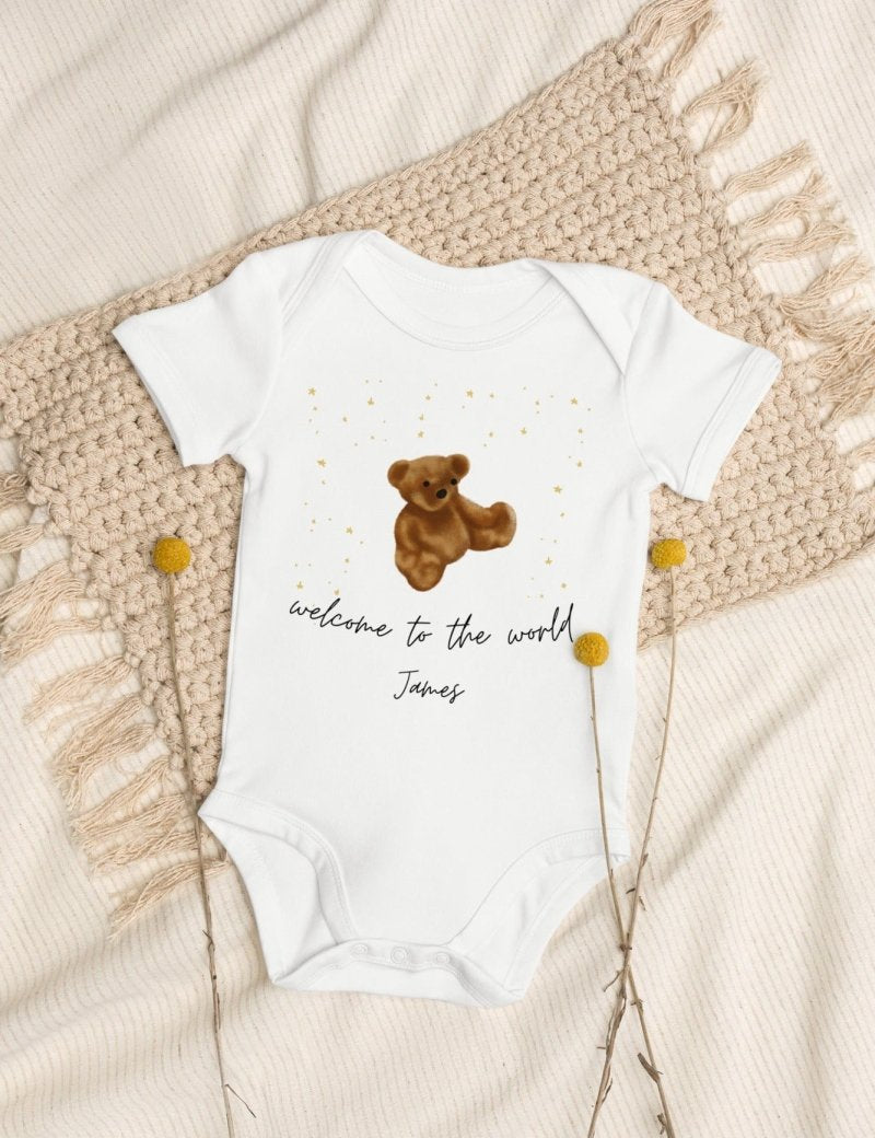 Welcome to the World (Personalised Name Bear Bodysuit) - Cozy Crew Club