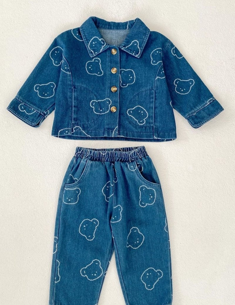 Baby Embroidered Bear Denim Two-Piece Set - Cozy Crew Club