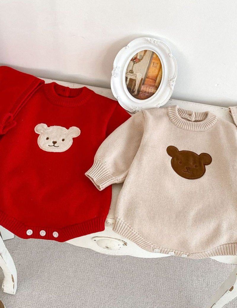 Winter Bear Knitted Bodysuit Red or Beige - Cozy Crew Club