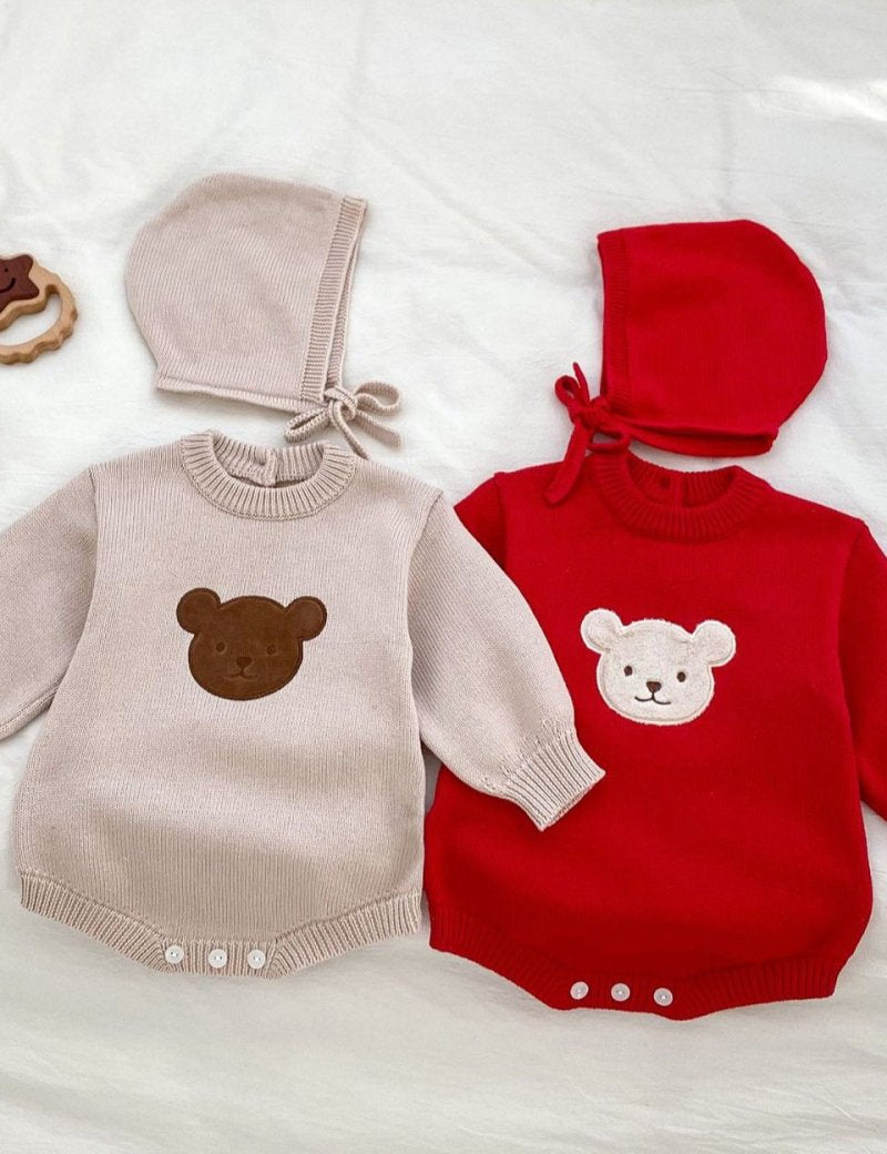 Winter Bear Knitted Bodysuit Red or Beige - Cozy Crew Club