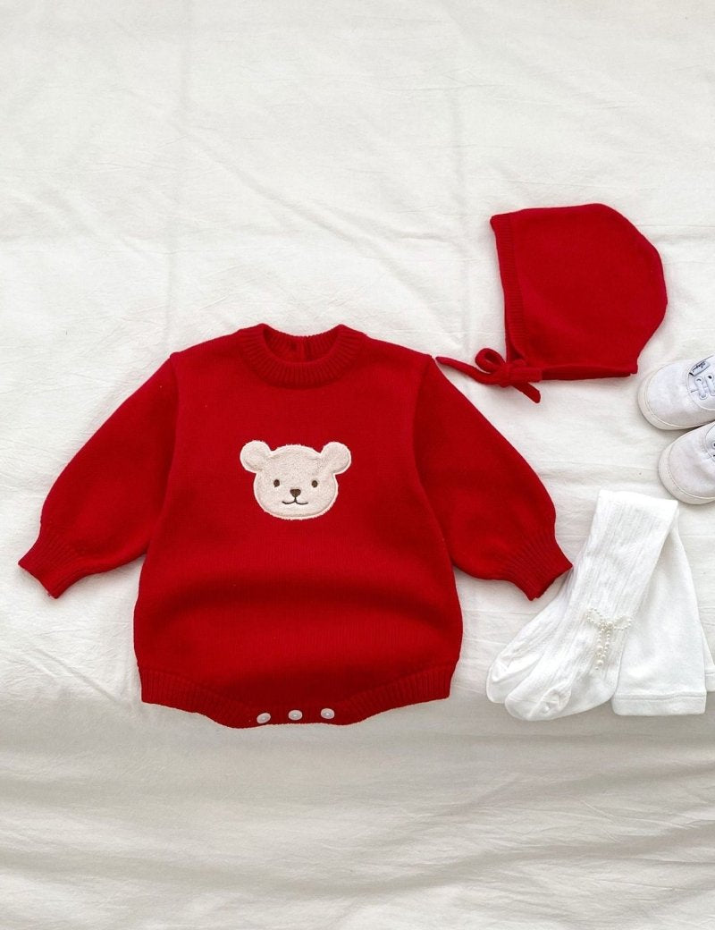 Winter Bear Knitted Bodysuit Red or Beige - Cozy Crew Club