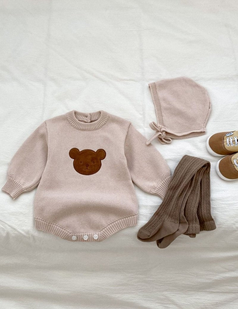 Winter Bear Knitted Bodysuit Red or Beige - Cozy Crew Club