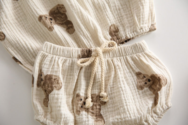 3-teiliges Sommerset mit Bärenmotiv (T-Shirt, Shorts und Stirnband)