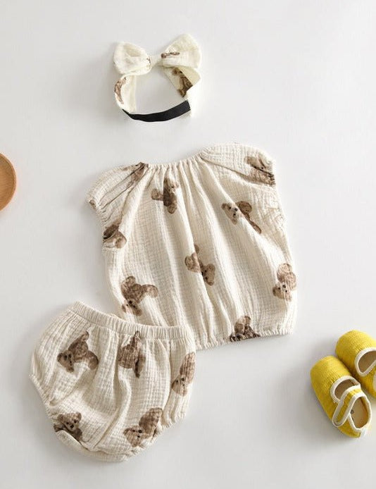 Bear 3 Piece Summer Set (T-Shirt, Shorts & Headband) - Cozy Crew Club