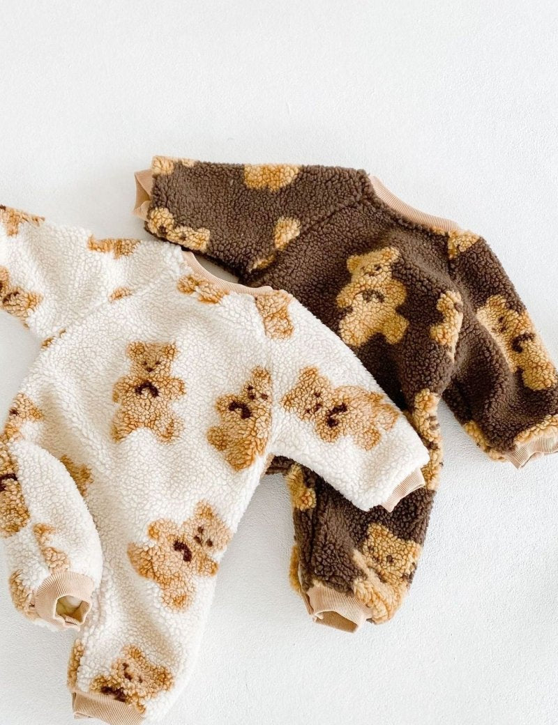 Bear Fleece Romper Cream or Brown - Cozy Crew Club
