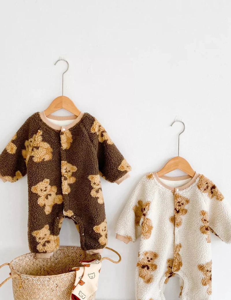 Bear Fleece Romper Cream or Brown - Cozy Crew Club
