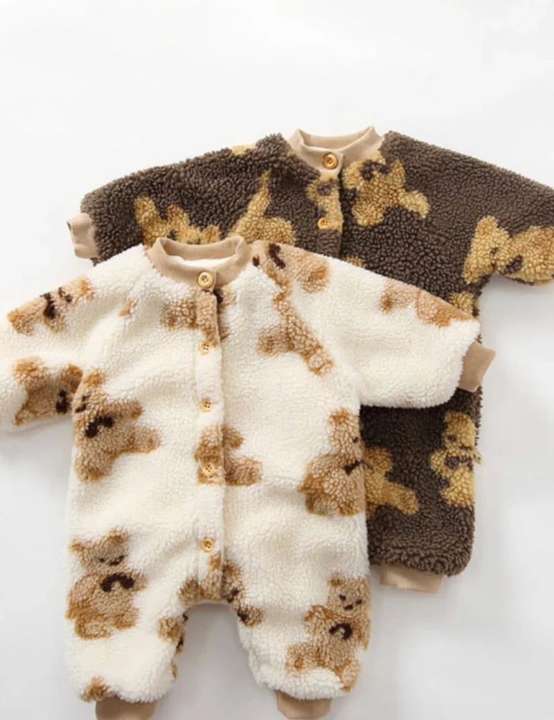Bear Fleece Romper Cream or Brown - Cozy Crew Club