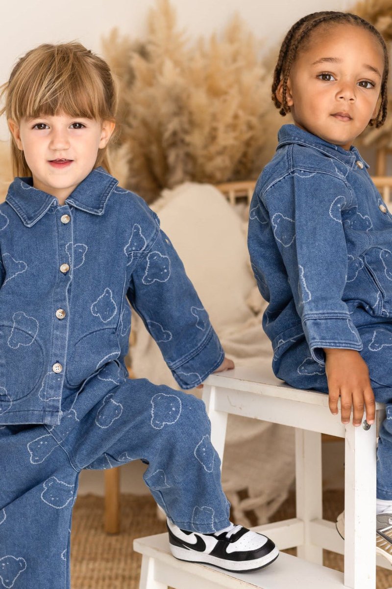 Embroidered Bear Denim Two Piece Set