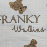 Sample Sale - Bear muslin Swaddle - 'Franky Watkins' in Gold thread