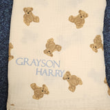 Sample Sale - Bear Frill Muslin swaddle - 'Grayson Harry' - baby blue thread