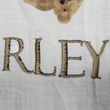 Sample Sale - bear muslin swaddle - 'Arley' - Gold thread with black thread coming through the front