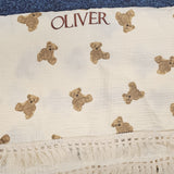 Sample Sale - Bear Frill muslin swaddle with 'Oliver' in Brown Thread - thread slightly pulled on the 'E'