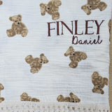 Sample Sale - Bear Frill Swaddle - 'Finley Daniel' - Brown thread white thread coming through to the front