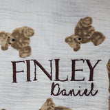 Sample Sale - Bear Frill Swaddle - 'Finley Daniel' - Brown thread white thread coming through to the front