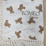 Sample Sale -Bear frill muslin swaddle - 'Romeo Louis' - Gold Thread