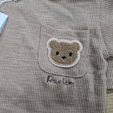 Sample Sale - 12-18months- 2 piece brown shorts and t-shirt set - 'Parker' in Brown thread with white thread coming through the front