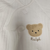 Sample Sale - 3-6m White Boucle - 'Ralph' in Gold thread with a blue mark on right leg