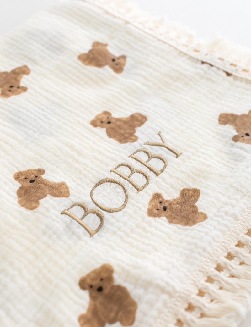 The Bear Muslin Frill Blanket Swaddle - Cozy Crew Club