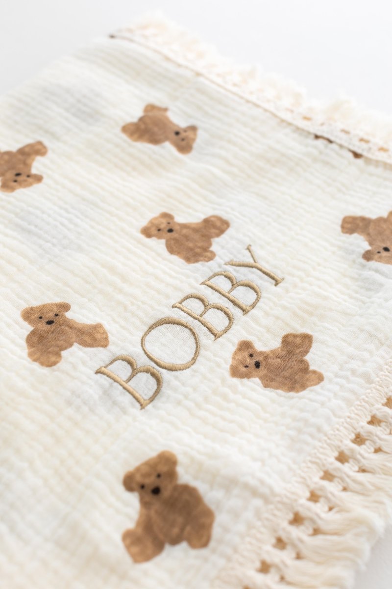 The Bear Muslin Frill Blanket Swaddle - Cozy Crew Club