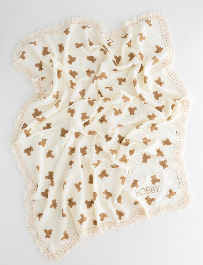 The Bear Muslin Frill Blanket Swaddle - Cozy Crew Club