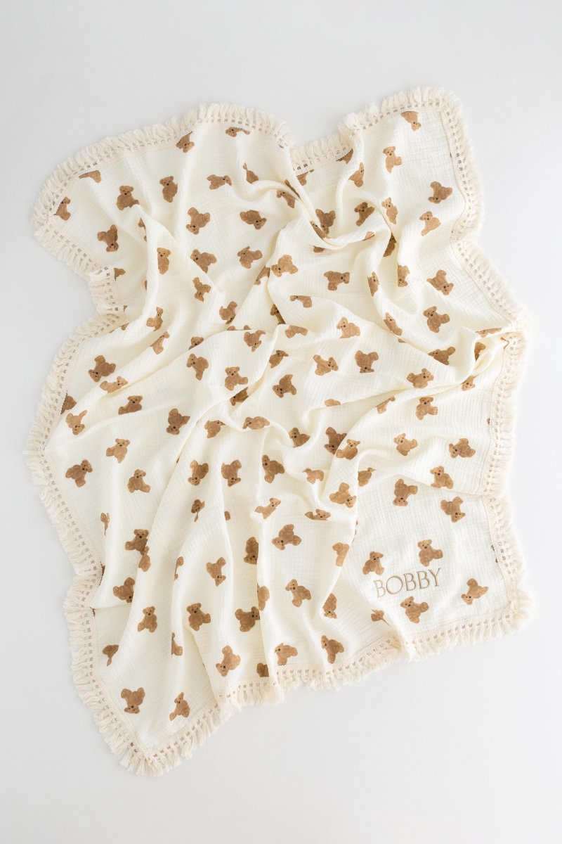 The Bear Muslin Frill Blanket Swaddle - Cozy Crew Club