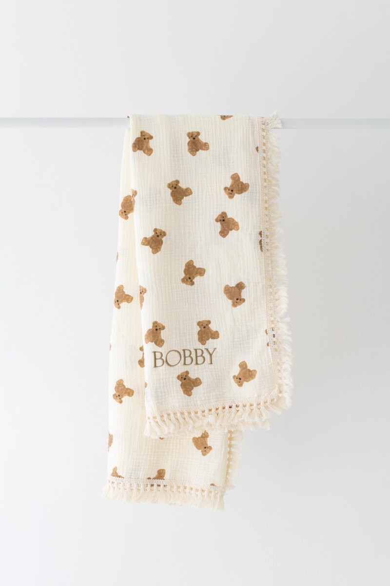 The Bear Muslin Frill Blanket Swaddle - Cozy Crew Club
