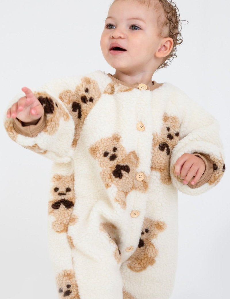 Bear Fleece Romper Cream or Brown - Cozy Crew Club
