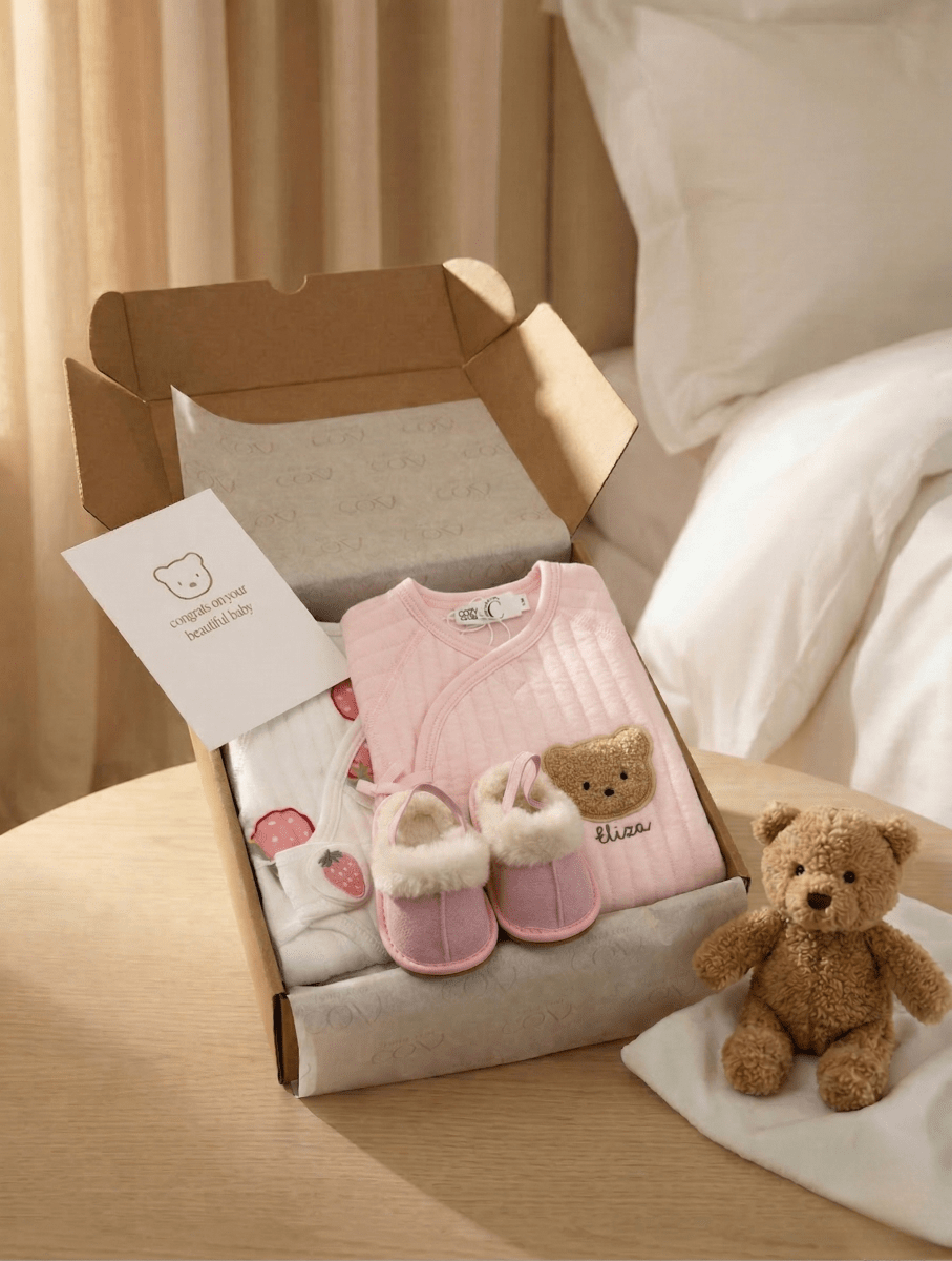 The Cozy Pink Boucle Baby Bear & Strawberry Personalised Gift Box - Cozy Crew Club